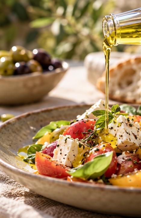 Filet d'huile d'olive sur une salade méditerranéenne à la feta