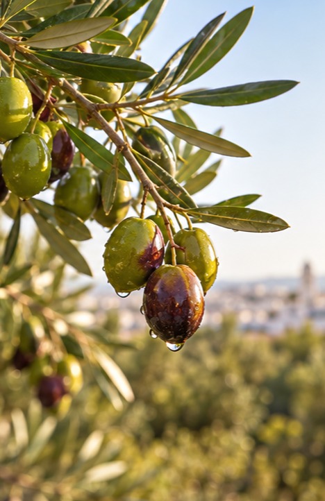 Olives sur la branche avec des gouttes de rosée, dans une oliveraie au soleil